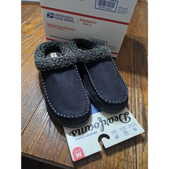 New 9-10 Dearfoams Memory Foam Black Grey Slip On Slippers House Shoes NWT - Picture 7 of 11